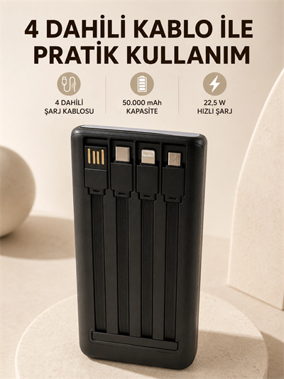 Hızlı Şarj Powerbank 50.000 mAh 4 Dahili Kablolu LED Aydınlatmalı Dijital Göstergeli Taşınabilir Batarya