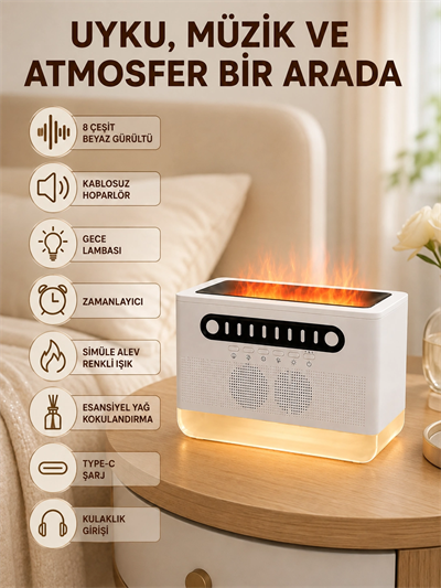 Hoparlörlü Simüle Alev Işıklı Çok Fonksiyonlu Gece Lambası
