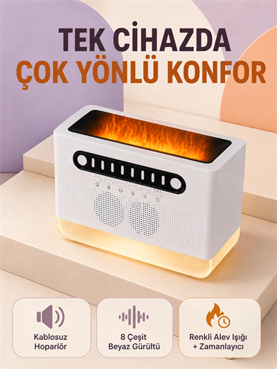 Hoparlörlü Simüle Alev Işıklı Çok Fonksiyonlu Gece Lambası