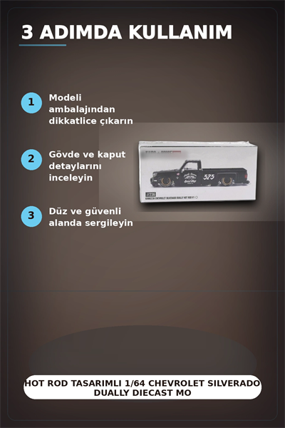 Hot Rod Tasarımlı 1/64 Chevrolet Silverado Dually Diecast Model Araba - Tekli Kutu BX-313351
