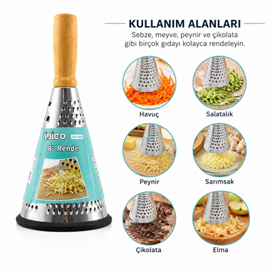 Huni Model Rende - 3 Bölümlü - Paslanmaz Çelik - Ahşap Bambu Saplı - Silikon Taban
