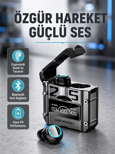 IPX5 Su Geçirmez Kablosuz Bluetooth Kulaklık – Powerbank Şarj Kutulu, Düşük Gecikmeli Oyun Modu