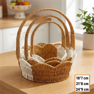 İç İçe Geçebilen 3’lü Çift Renkli Yuvarlak Dalgalı Formlu Saplı Plastik Rattan Sepet Seti – Hasır Görünümlü Çok Amaçlı Organizerler Bx40