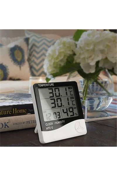 İç ve Dış Ortam Sıcaklığını Ölçebilen LCD Ekran Saat Göstergeli Alarmlı Nem Ölçer Termometre