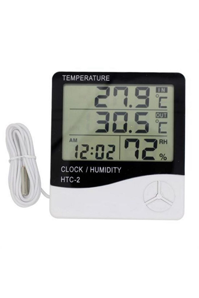 İç ve Dış Ortam Sıcaklığını Ölçebilen LCD Ekran Saat Göstergeli Alarmlı Nem Ölçer Termometre