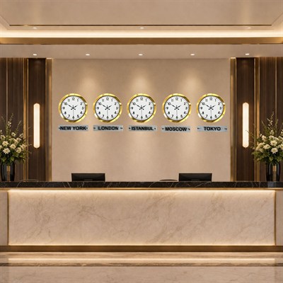 İhtişam Gold 36 Cm Metal 5 li Tabelalı Dünya Saatleri