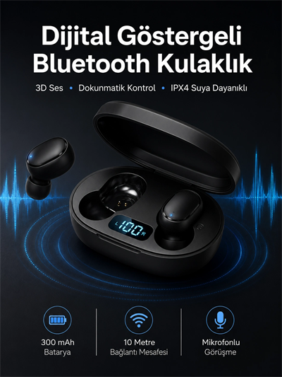 İkili Bluetooth Kulaklık Dijital Göstergeli Uzun Pil Ömrü Yüksek Ses Kaliteli Yeni Nesil