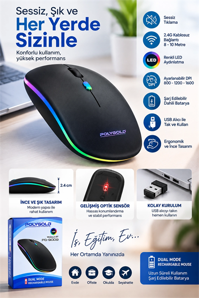 İnce Ergonomik Tasarım 2.4G Kablosuz LED Mouse