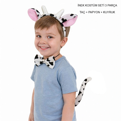 İnek Kostüm Aksesuar Seti 3 Lü - Taç Papyon Kuyruk