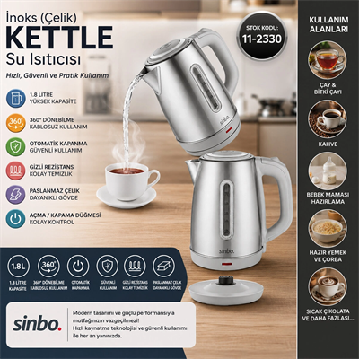 İnoks Çelik Kettle Su Isıtıcısı Kablosuz Kullanım 1.8lt 360° Dönebilme Otomatik Kapanma Sk-8031 Bx40