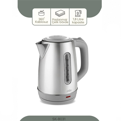 İnoks Çelik Kettle Su Isıtıcısı Kablosuz Kullanım 1.8lt 360° Dönebilme Otomatik Kapanma Sk-8031 Bx40