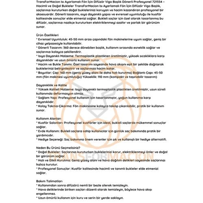Isı Ayarlamalı Fön Için Difüzör Vigo Başlık Dönerli Profesyonel 721554