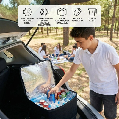 Isı Koruyucu Termal Taşıma Çantası 32 Litre – Araç Bagaj Organizeri, Termos, Katlanabilir Keçe Saklama Çantası 37x27x25 Cm Bx40