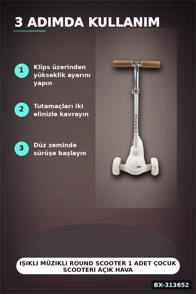 Işıklı Müzikli Round Scooter 1 Adet Çocuk Scooterı Açık Hava Eğlencesi BX-313652