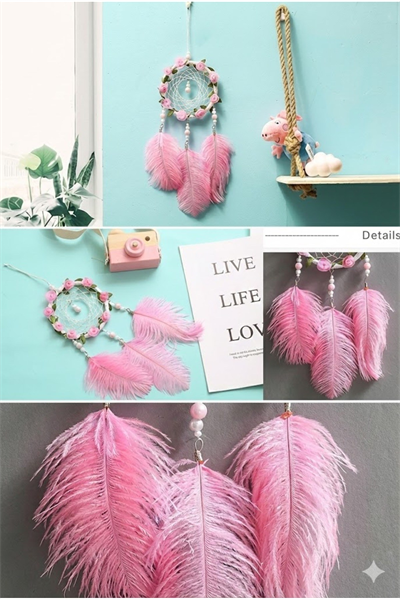 Işıklı Pembe Gül Detaylı El Yapımı Rüya Kapanı - Romantik Duvar Süsü & Hediyelik Düş Kapanı