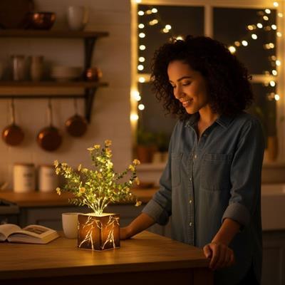 Işıklı Yapay Çiçek – Siyah Saksılı LED Dekoratif Bitki, Masaüstü ve Ev Ofis Aydınlatmalı Süs Bitkisi (3936)