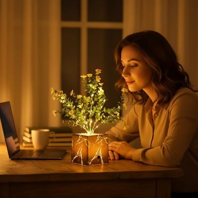 Işıklı Yapay Çiçek – Siyah Saksılı LED Dekoratif Bitki, Masaüstü ve Ev Ofis Aydınlatmalı Süs Bitkisi (3936)