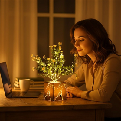 Işıklı Yapay Çiçek – Siyah Saksılı LED Dekoratif Bitki, Masaüstü ve Ev Ofis Aydınlatmalı Süs Bitkisi