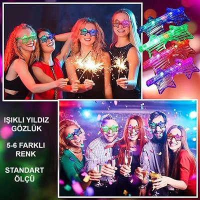 Işıklı Yıldız Gözlük Ledli Parti Gözlüğü 6 Renk 12 Adet (3936)