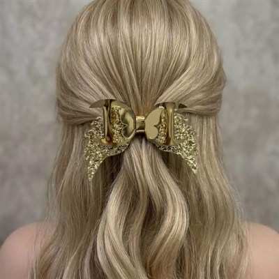 Işıltılı Glitter Tasarımlı Fiyonk Saç Tokası Gold