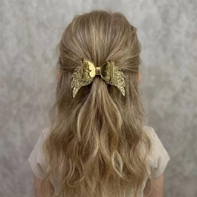 Işıltılı Glitter Tasarımlı Fiyonk Saç Tokası Gold