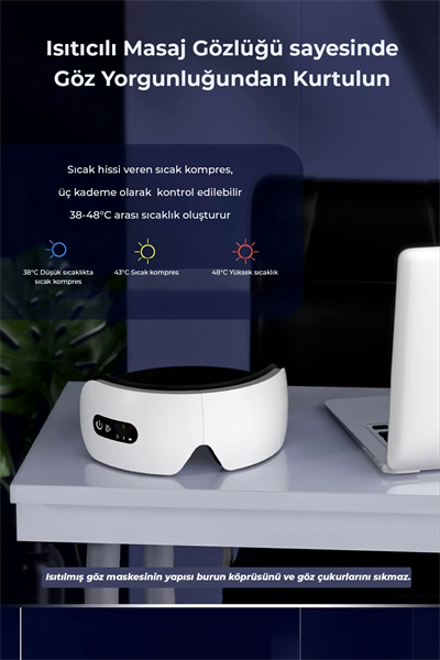 Isıtmalı Titreşimli Masaj Gözlüğü – 44°C Sabit Isı Göz Yorgunluğu Akıllı Göz Masaj Aleti
