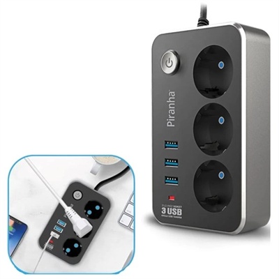 Isıya Dayanıklı Termal Akım Korumalı 2 Mt 10a 2500w 3lü Priz Ve 3 Usbi 2.1a Uzatma Kablosu Bx40