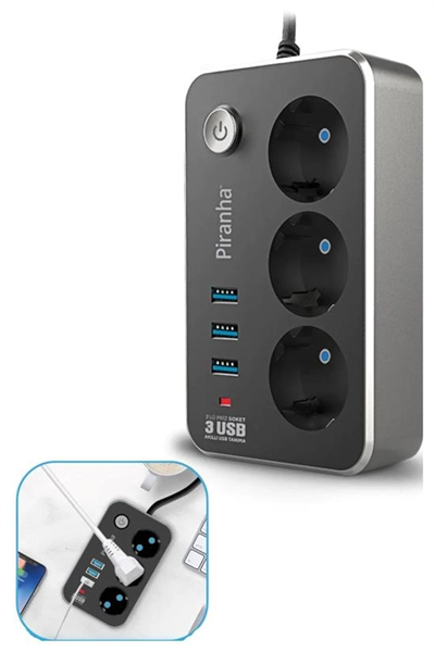 Isıya Dayanıklı Termal Akım Korumalı 2 Mt 10a 2500w 3lü Priz Ve 3 Usbi 2.1a Uzatma Kablosu Bx40