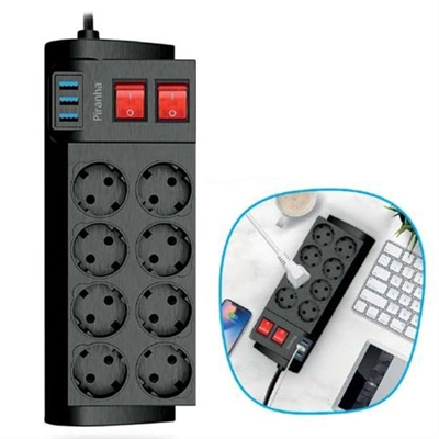 Isıya Dayanıklı Termal Akım Korumalı 2 Metre 16a 4000w 8li Priz Ve 3 Usb Li Uzatma Kablosu Bx40