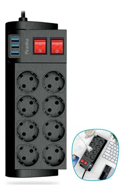 Isıya Dayanıklı Termal Akım Korumalı 2 Metre 16a 4000w 8li Priz Ve 3 Usb Li Uzatma Kablosu Bx40
