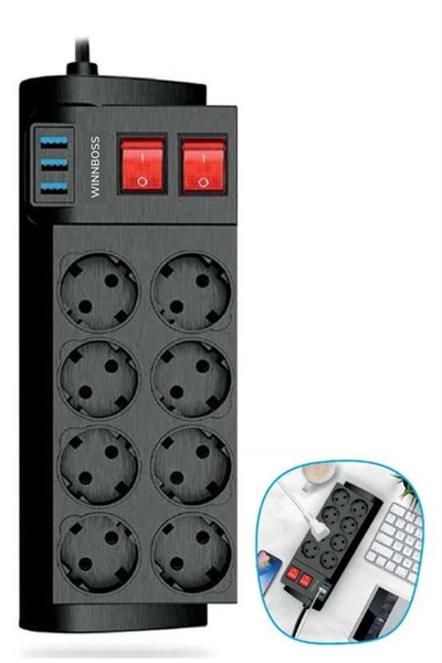 Isıya Dayanıklı Termal Akım Korumalı 2 Metre 16a 4000w 8li Priz Ve 3 Usb Li Uzatma Kablosu Bx40