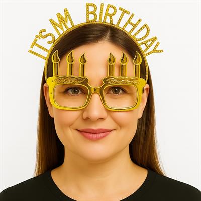 İt's My Birthday Yazılı Taç ve Mum Şekilli Gözlük Seti Altın Renk (3936)