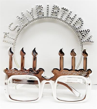 İt's My Birthday Yazılı Taç ve Mum Şekilli Gözlük Seti Gümüş Renk (3936)