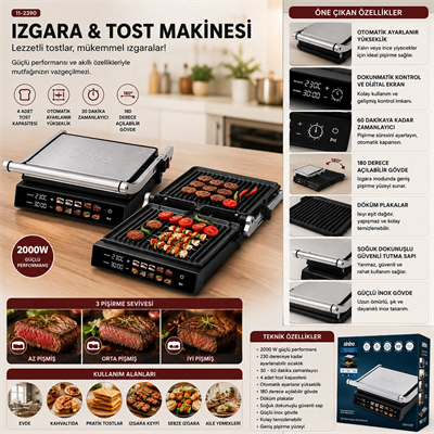 Izgara Ve Tost Makines İ 4 Dilim Yapışmaz Yüzey Dokunmatik Dijital Ekran - 2000w Ssm-2597 Bx40