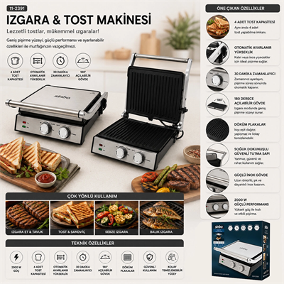 Izgara Ve Tost Makinesi 4 Dilim Yapışmaz Yüzey 2000w Ssm-2598 Bx40