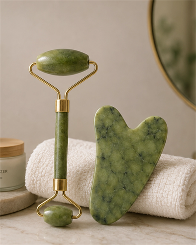 Jade Roller ve Gua Sha Taşı Yüz Bakım Masaj Seti