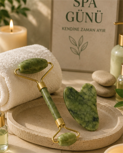 Jade Stone Yüz Bakım Seti Gua Sha ve Roller Masaj Taşı