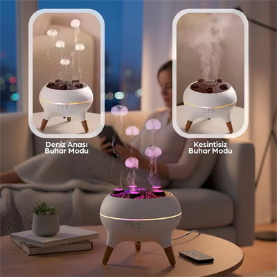 Jellyfish Ultrasonik Hava Nemlendirici – Deniz Anası Tasarımlı, Kumandalı, LED Işıklı ve Sese Duyarlı Ritim Modlu Buhar Makinesi