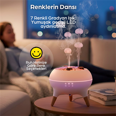 Jellyfish Ultrasonik Hava Nemlendirici – Deniz Anası Tasarımlı, Kumandalı, LED Işıklı ve Sese Duyarlı Ritim Modlu Buhar Makinesi