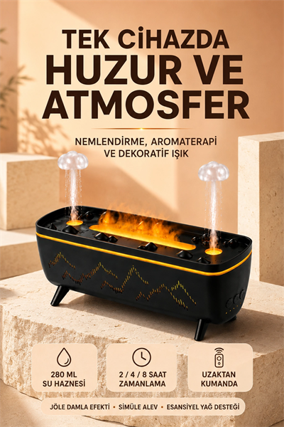 Jöle Yağmur Efektli Hava Nemlendirici 280 ML Aromaterapi Difüzörü Alev Efektli