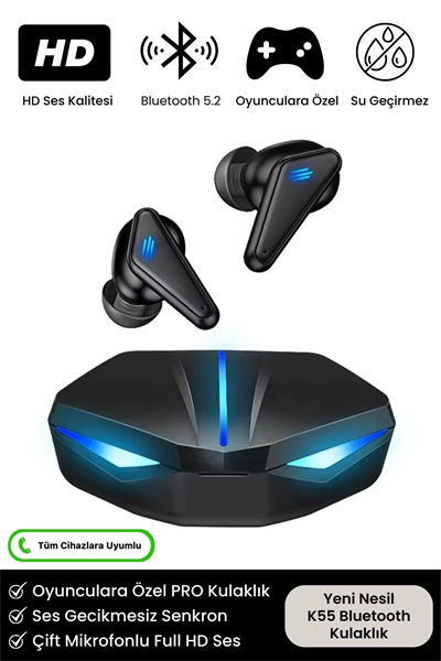 K55 Tws Pro Oyuncu Kulaklığı 3D Stereo Ses Extra Bass Işıklı Mikrofonlu Bluetooth Kablosuz Kulaklık