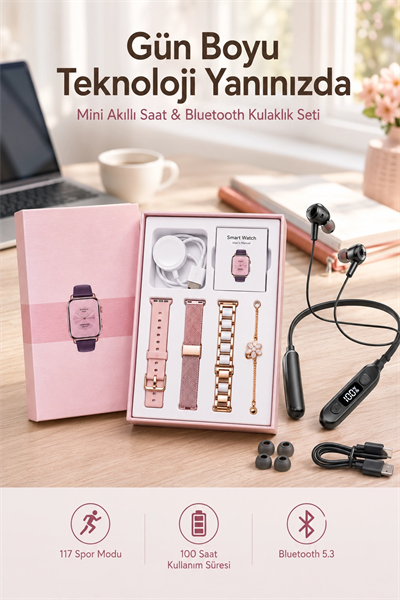 Kablolu Bluetooth Kulaklık ve Kadınlara Özel Bileklik Hediyeli Yeni Nesil Akıllı Saat 3 Kordonlu