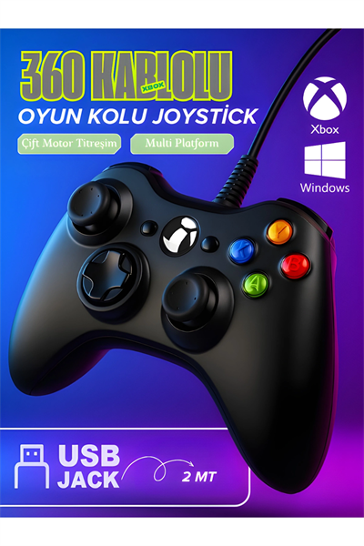 Kablolu joystick siyah Xbox 360 uyumlu hızlı şarj destekli bluetoothsuz garantisiz