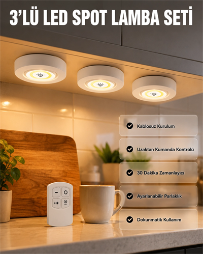 Kablosuz 3 Lü Spot Led Lamba Seti Uzaktan Kumandalı Enerji Tasarruflu Aydınlatma