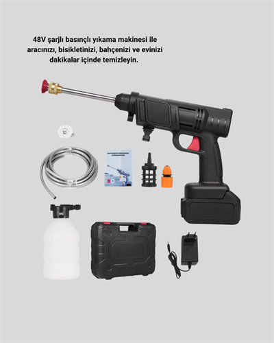 Kablosuz Basınçlı Yıkama Makinesi – 48V Güçlü Motor, 2 Pil ve Köpük Hazneli