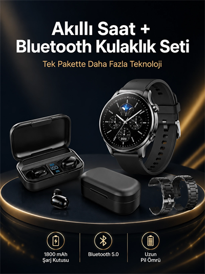 Kablosuz Bluetooth Kulaklık ve Kordon Hediyeli Akıllı Saat Nabız Ölçer Uzun Pil Ömrü