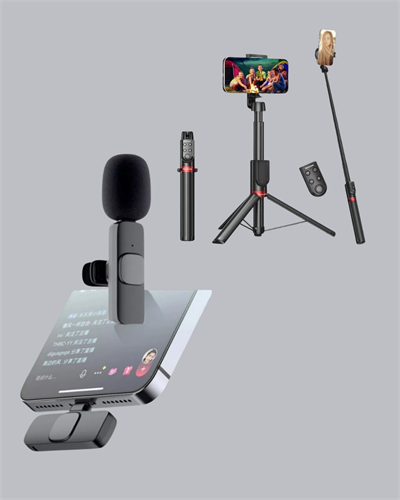 Kablosuz Çift Yaka Mikrofonu ve Tripodlu Selfie Çubuğu İçerik Üretici Seti