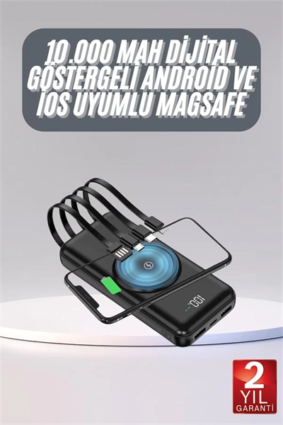 Kablosuz Çoklu Şarj Girişli 10.000 Mah Kablolu Powerbank Taşınabilir