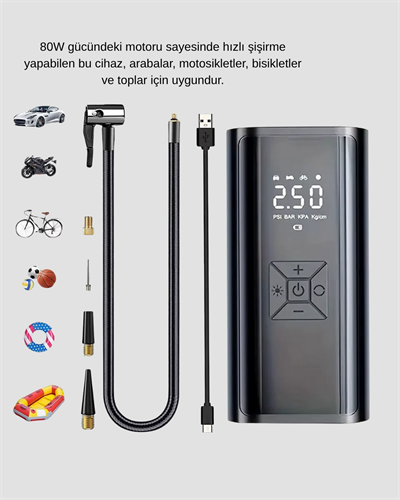 Kablosuz Dijital Lastik Şişirme Pompası LED Işıklı 80W