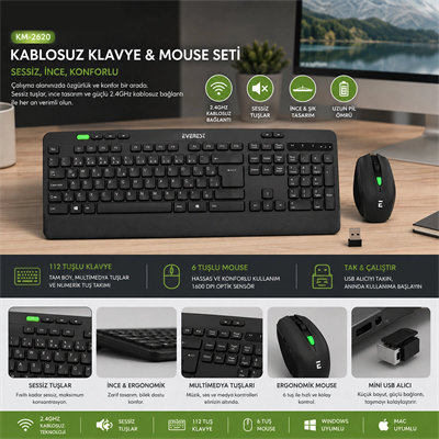 Kablosuz Klavye - Mouse Seti Siyah Usb - Sessiz - Switch Q Klavye Km-2620 Bx40
